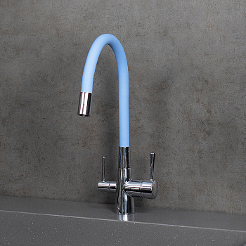 Смеситель для кухни с гибким изливом, с подключением к фильтру питьевой воды, латунь/хром/голубой