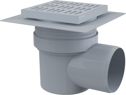 Сливной трап 150×150/110 мм боковой сток, решетка серая, воротник изоляции 2–го уровня, гидрозатвор мокрый 