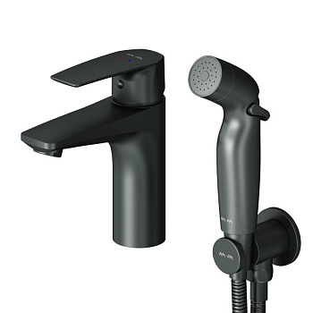 F90A03022 Gem, Смеситель для умывальника с гиг.душем, излив 99 мм, Черный, шт