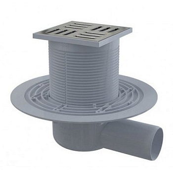 Сливной трап 105×105/50 мм боковой сток, решетка из нержавеющей стали, гидрозатвор мокрый