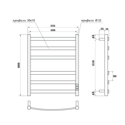 Полотенцесушитель электрический Point Антея PN17856B П6 500x600, диммер справа, черный Полотенцесушитель электрический Point Антея PN17856B П6 500x600, диммер справа, черный
