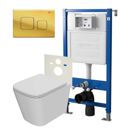 Сет: Система инсталляции Point Элемент для подвесного унитаза PN45120 + Клавиша смыва для инсталляции Point Афина, золото, PN44041G + Унитаз подвесной Point Ника безободковый, сиденье микролифт PN41081