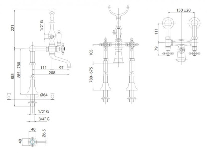 LORD-VDP-01-M Напольный смеситель для ванны с ручным душем Исполнение: Хром, Ручки: Хром 
