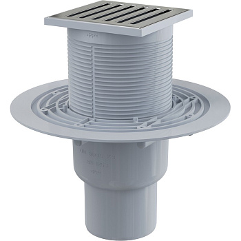 Сливной трап 105×105/50/75 мм прямой сток, решетка из нержавеющей стали, гидрозатвор мокрый