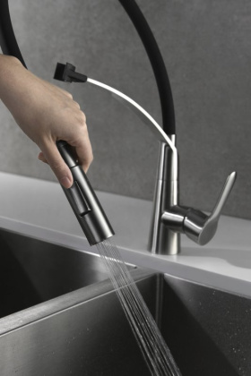 Смеситель для кухни с гибким изливом, двухрежимный, нержавеющая сталь, исполнение сатин BB-LAM36-IN