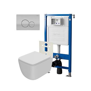 Сет: Система инсталляции Point Элемент для подвесного унитаза PN45120 + Клавиша смыва для инсталляции Point Виктория, цвет сатин/хром, PN44061SC + Унитаз подвесной Point Меркурий безободковый, сиденье дюропласт микролифт, быстросъем, белый матовый PN41831