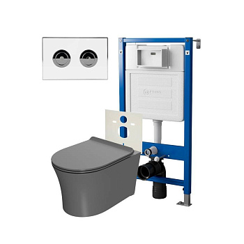 Сет: Система инсталляции пневматическая Point Элемент П для подвесного унитаза PN45121 + Клавиша смыва для пневматической инсталляции Point Венера, установка в стену, белый/хром, PN44071WC + Унитаз подвесной Point Вега безободковый, сер мат, PN41711GM