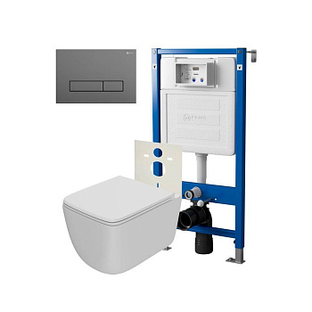 Сет: Система инсталляции Point Элемент для подвесного унитаза PN45120 + Клавиша смыва для инсталляции Point Меркурий, цвет графит, PN44831GM + Унитаз подвесной Point Меркурий безободковый, сиденье дюропласт микролифт, быстросъем, белый матовый PN41831WM