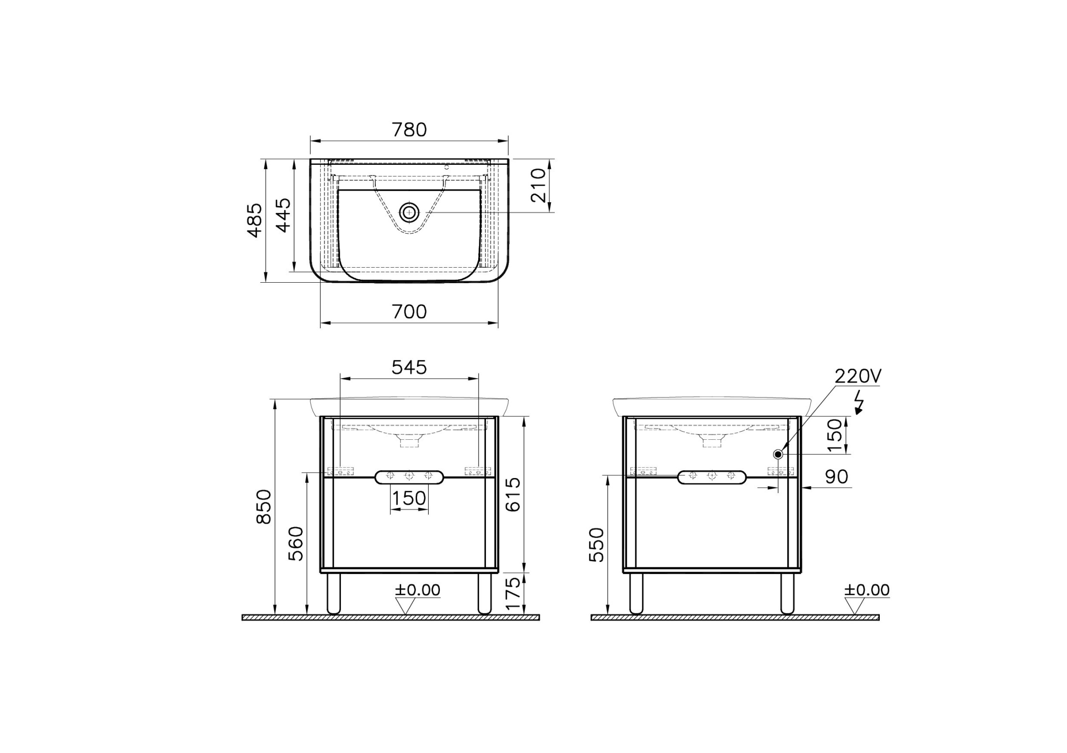 Шкаф  Sento с раковиной, с 2 ящиками, 80 см, с LED подсветкой, цвет матовый антрацит ( ножки 61069 заказываются отдельно )