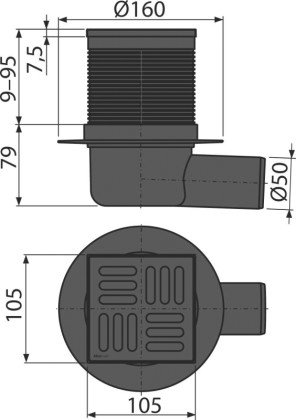 Сливной трап 105×105/50 мм боковой сток, решетка из нержавеющей стали, черный-мат, гидрозатвор комбинированный SMART