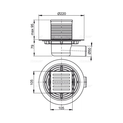 Сливной трап 105×105/50 мм боковой сток, решетка из нержавеющей стали, гидрозатвор мокрый