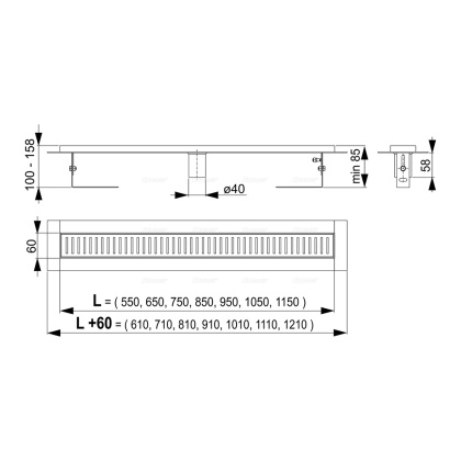 Водоотводящий желоб с порогами для перфорированной решетки, без гидрозатвора