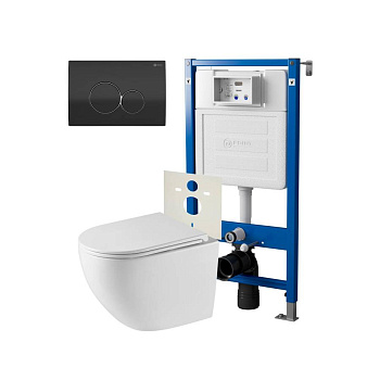Сет: Система инсталляции Point Элемент для подвесного унитаза PN45120 + Клавиша смыва для инсталляции Point Виктория, черная/хром, PN44061BC + Унитаз подвесной Point Сатурн безободковый, белый, сиденье дюропласт микролифт быстросъемное PN41901