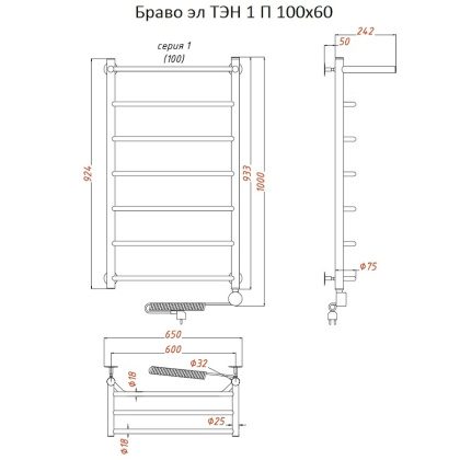 Полотенцесушитель Браво эл ТЭН 1 П 100*60 (ЛЦ4) Полотенцесушитель Браво эл ТЭН 1 П 100*60 (ЛЦ4)