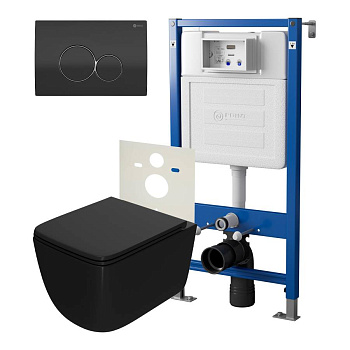 Сет: Система инсталляции Point Элемент для подвесного унитаза PN45120 + Клавиша смыва для инсталляции Point Виктория, черная/хром, PN44061BC + Унитаз подвесной Point Меркурий безободковый сид.дюропласт микролифт быстросъем чёрн мат. PN41831BM