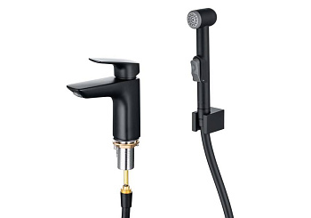 Смеситель для раковины 97 с гигиеническим ручным душем AQUATEK, матовый черный AQ1012MB ВЕГА 