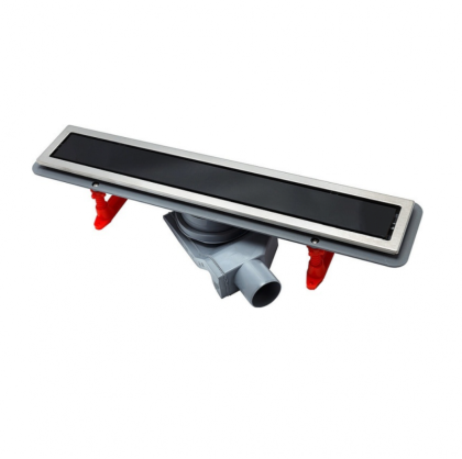 13000293 Линейный трап 650 мм CONFLUO PREMIUM WITH BLACK GLASS LINE , двухсторонняя модель Исполнение: черное стекло/ матовый хром без перфорации, рамка - матовый хром 