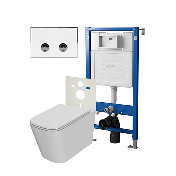 Сет: Система инсталляции пневматическая Point Элемент П для подвесного унитаза PN45121 + Клавиша смыва для пневматической инсталляции Point Венера, белый/хром, PN44071WC + Унитаз подвесной Point Ника безободковый, сиденье микролифт PN41081