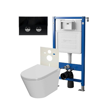 Сет: Система инсталляции пневматическая Point Элемент П для подвесного унитаза PN45121 + Клавиша смыва для пневматической инсталляции Point Венера, черный/хром, PN44071BC + Унитаз подвесной Point Виктория безободковый, сиденье микролифт PN41061