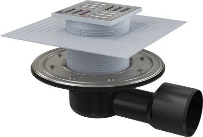 Сливной трап 105×105/50/75 мм боковой сток, решетка из нержавеющей стали, фланец из нержавеющей стали, воротник изоляции 2–го уровня, гидрозатвор сухой и мокрый