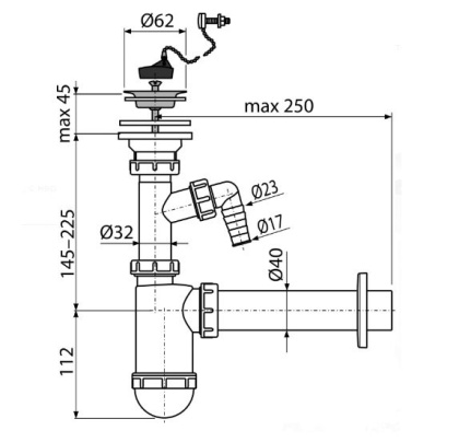 Сифон для умывальника DN40 со штуцером, с нержавеющей peшeткой DN63, с цепочкой Сифон для умывальника DN40 со штуцером, с нержавеющей peшeткой DN63, с цепочкой