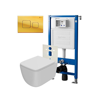 Сет: Система инсталляции Point Элемент для подвесного унитаза PN45120 + Клавиша смыва для инсталляции Point Афина, золото, PN44041G + Унитаз подвесной Point Меркурий безободковый, сиденье дюропласт микролифт, быстросъем, белый матовый PN41831WM