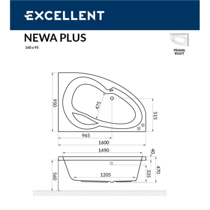 Ванна EXCELLENT Newa 160x95 (правая)  "SOFT" (золото) Ванна EXCELLENT Newa 160x95 (правая)  "SOFT" (золото)