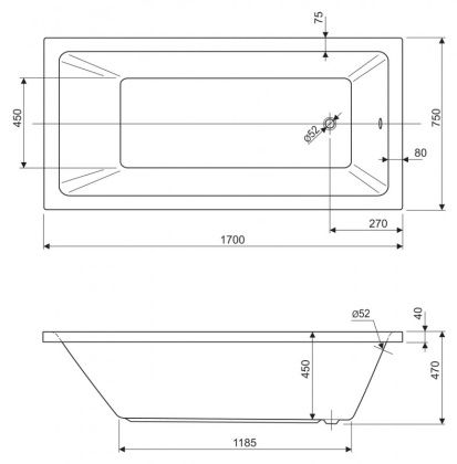 Акриловая ванна CEZARES PLANE SOLO-180-80-49-W37