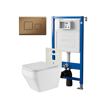 Сет: Система инсталляции Point Элемент для подвесного унитаза PN45120 + Клавиша смыва для инсталляции Point Афина, бронза брашированная, PN44041BB + Унитаз подвесной Point Аврора PN41101 безободковый, белый, сиденье дюропласт, микролифт, быстросъемное