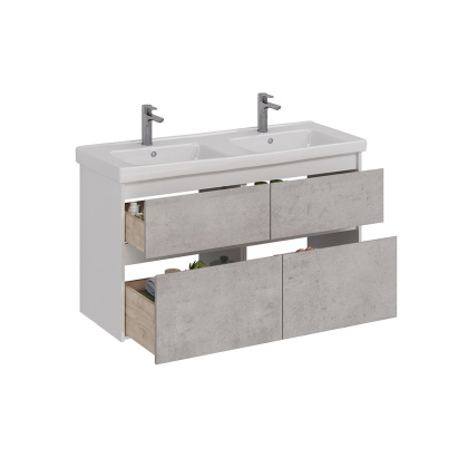 Тумба Lemark COMBI 125см под 2 раковины, подвесная/напольная,4 ящика, цвет фасада: Бетон, цвет корпуса: Белый глянец