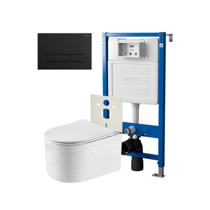 Сет: Система инсталляции Point Элемент для подвесного унитаза PN45120 + Клавиша смыва для инсталляции Point Меркурий, черная матовая, PN44831BM + Унитаз подвесной Point Омега безободковый, белый, сиденье дюропласт, микролифт быстросъемное PN41902
