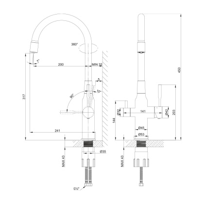 Смеситель для кухни с гибким изливом с подключением к фильтру питьевой воды, высота излива 32 см, длина 20 см, нерж. сталь