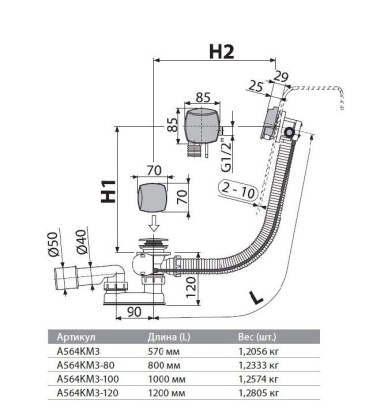 Сифон для ванны автомат с напуском воды через перелив, металл Сифон для ванны автомат с напуском воды через перелив, металл