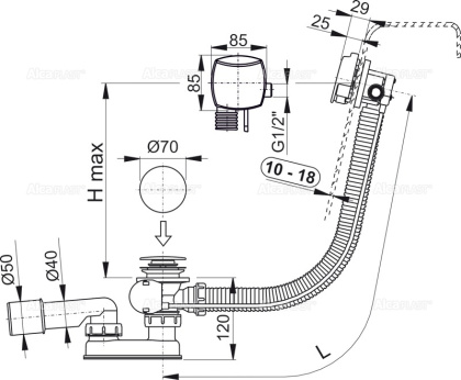 Сифон для ванны с напуском воды через перелив для ванн с толстыми стенками, хром Сифон для ванны с напуском воды через перелив для ванн с толстыми стенками, хром
