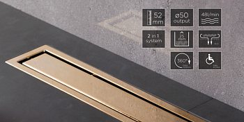 13100051 Линейный трап Confluo Premium Line 450 Gold, двухсторонняя модель Исполнение: Позолота 24К / полая под плитку, рамка - позолота 24К  13100051 Линейный трап Confluo Premium Line 450 Gold, двухсторонняя модель Исполнение: Позолота 24К / полая под плитку, рамка - позолота 24К