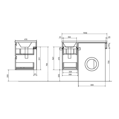Тумба подвесная под умывальник Dallas Luxe 1000х482 2 ящика (ШхГхВ) 358х476х607