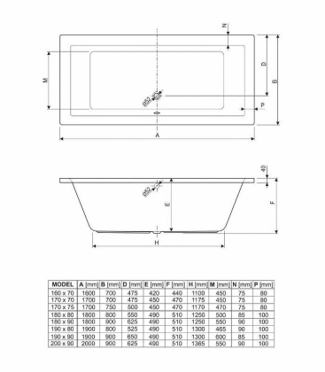 Акриловая ванна CEZARES PLANE-200-90-49-W37