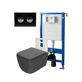 Сет: Система инсталляции пневматическая Point Элемент П для подвесного унитаза PN45121 + Клавиша смыва для пневматической инсталляции Point Венера, установка в стену, черный/хром, PN44071BC + Унитаз подвесной Point Меркурий безободковый, сид.дюропласт мик