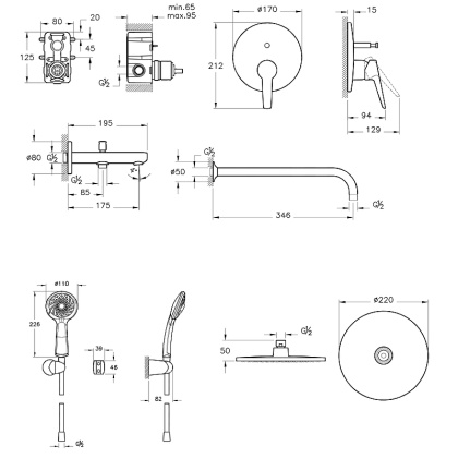 Набор встроенной душевой системы Solid S на 3 направления, хром (верхняя лейка, излив, ручной душ, смеситель встроенный внешняя и внутренняя часть)