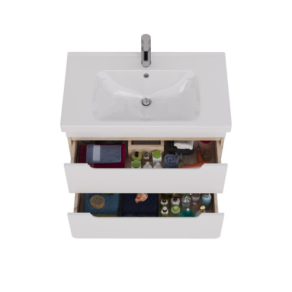 Тумба Lemark OLIVIA 80см под 1 раковину, подвесная, 2 ящика, цвет корпуса: Дуб кантри, цвет фасада: Белый глянец