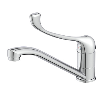 Смеситель для раковины/кухни с локтевой рукояткой, с поворотным изливом, высота излива 12 см, длина 21 см, латунь/хром