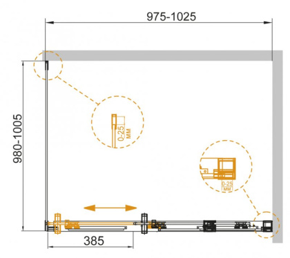 Душевой уголок DUET SOFT-A-1-100/100-C-Cr-L Условные размеры, мм:1000x1000x1950 Габариты с диапазоном регулировок, мм:(975-1025)x(980-1005)x1950 Ширина входа, мм:385  Душевой уголок DUET SOFT-A-1-100/100-C-Cr-L Условные размеры, мм:1000x1000x1950 Габариты с диапазоном регулировок, мм:(975-1025)x(980-1005)x1950 Ширина входа, мм:385