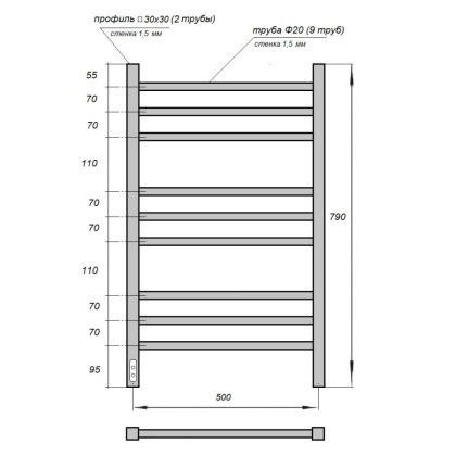 Полотенцесушитель электрический Point Веста PN70758B П9 500x800, диммер слева, черный Полотенцесушитель электрический Point Веста PN70758B П9 500x800, диммер слева, черный