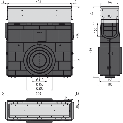 Пескоуловитель для дренажного канала с щелевой асимметричной сервисной надставкой 100 мм, нержавеющая сталь 