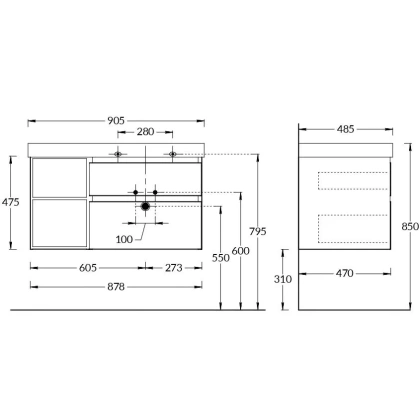 Тумба CUBO правая подвесная с ящиками 90, мальва матовая-древесная