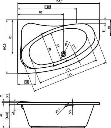 Акриловая ванна Riho Lyra 153x100 R Акриловая ванна Riho Lyra 153x100 R