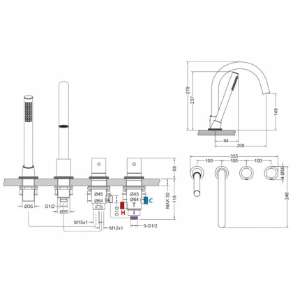Смеситель на борт ванны Timo Saona 2330/03Y с термостатом, черный матовый Смеситель на борт ванны Timo Saona 2330/03Y с термостатом, черный матовый