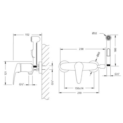 Смеситель настенный с гигиеническим душем, латунь/хром