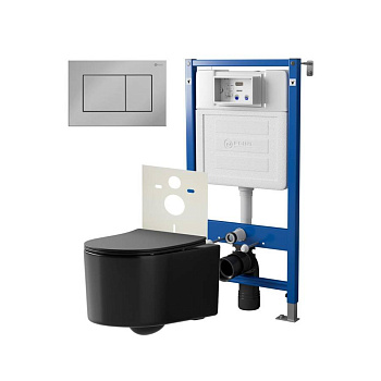 Сет: Система инсталляции Point Элемент для подвесного унитаза PN45120 + Клавиша смыва для инсталляции Point Ника, хром, PN44081C + Унитаз подвесной Point Веста безободковый, чёрн мат, PN41701BM