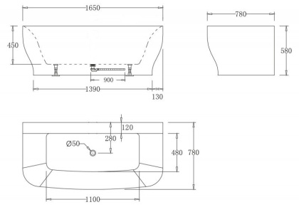 Акриловая ванна без перелива BELBAGNO BB74-NERO-W0, 1650x780x590